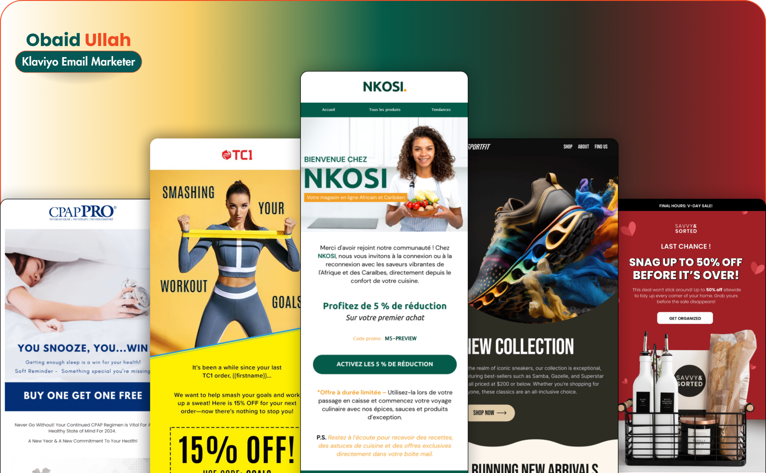 High converting Klaviyo email flows created by Obaid Ullah, showcasing automated lifecycle emails for multiple eCommerce brands.