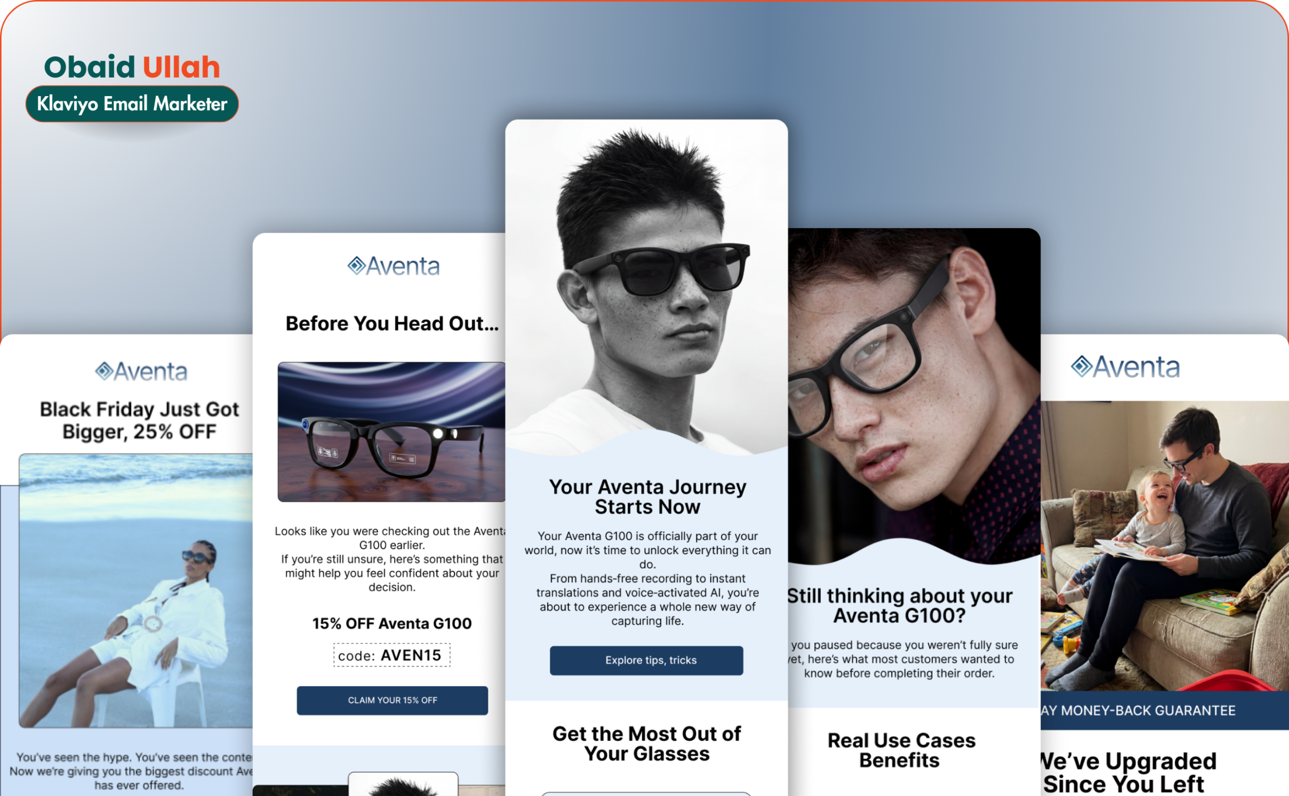 Lifecycle email system created by Obaid Ullah for a Shopify brand, showcasing automated Klaviyo flows across the customer journey.