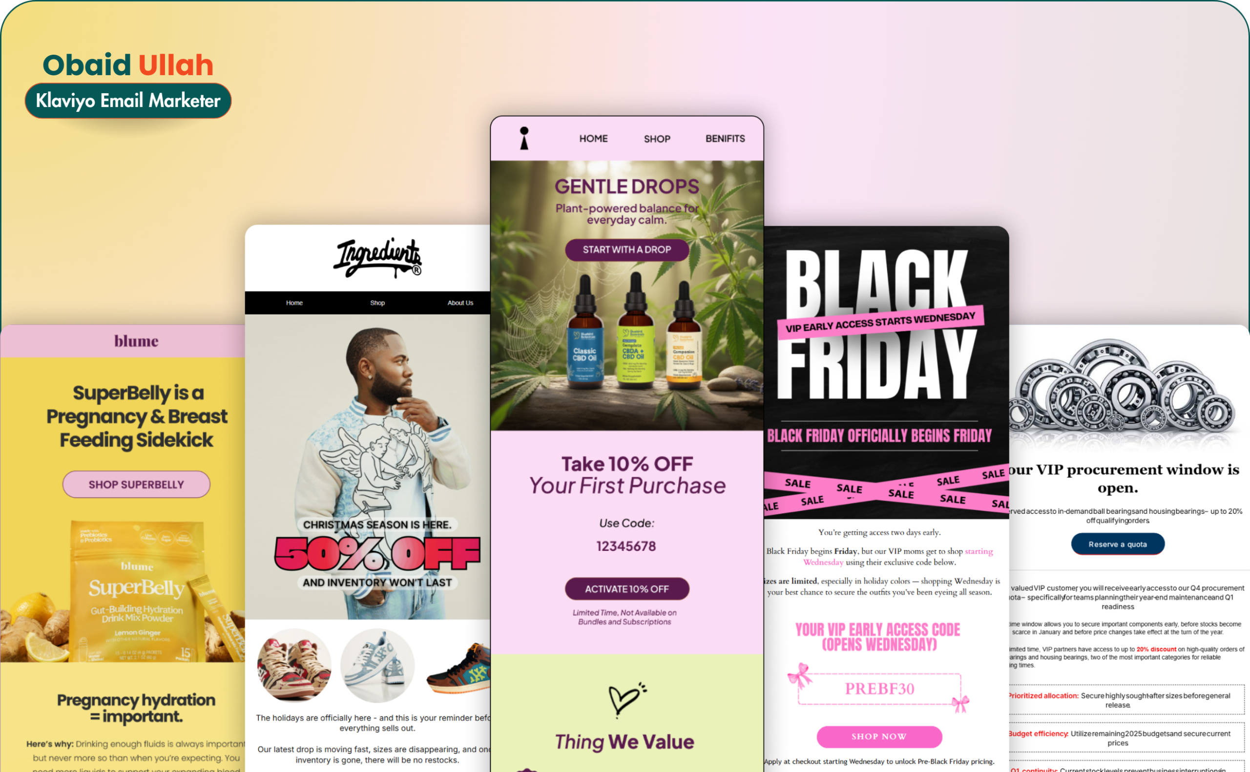 Weekly ritual email campaigns created by Obaid Ullah, showcasing Klaviyo campaign execution for lifestyle, wellness, and eCommerce brands.